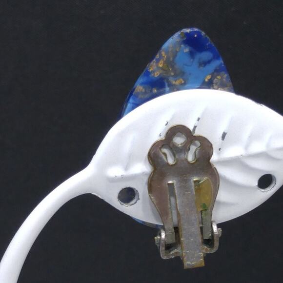 Vintage 1950s Blue Gold Glitter Lucite Clip Earrings Mid Century Modern Jewelry - Picture 6 of 13